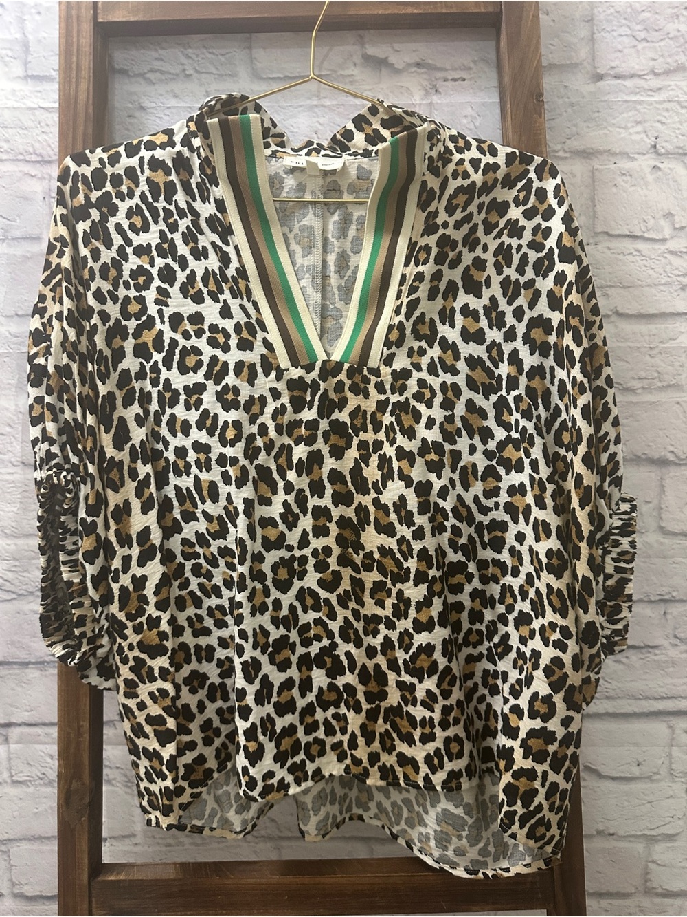entro Leopard Print Tunic with Green-Trim V-Neck